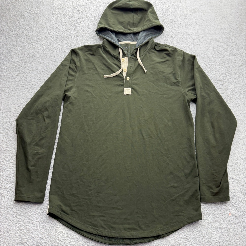BYLT Basics Mens Drop Cut Lux Hooded Henley Olive Green Long Sleeve Shirt Size M
